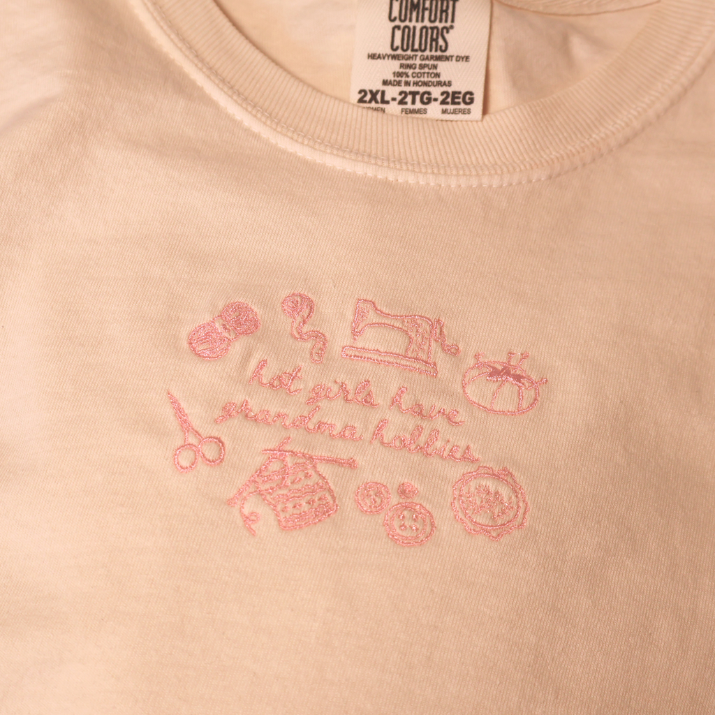 Close up photo of the Tilly Tee showing the embroidered sewing icons and "hot girls have grandma hobbies" wording